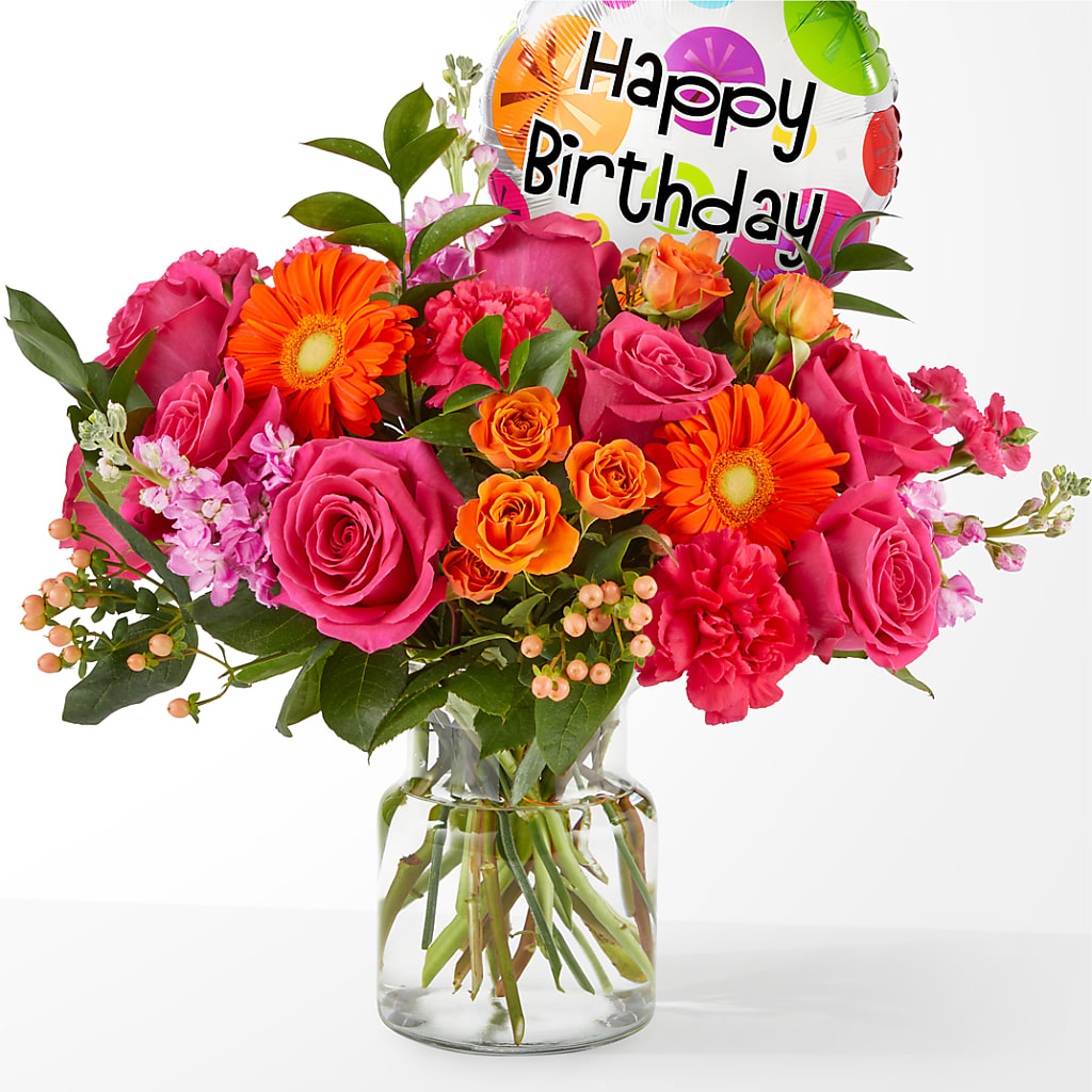 Fiesta Bouquet with Birthday Balloon – Barbur Floral Shop, Geneva NE