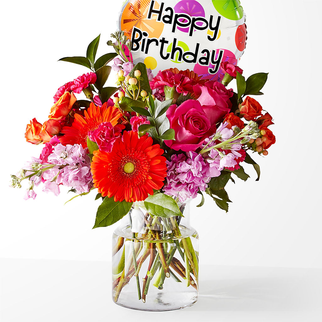 Fiesta Bouquet with Birthday Balloon – Barbur Floral Shop, Geneva NE